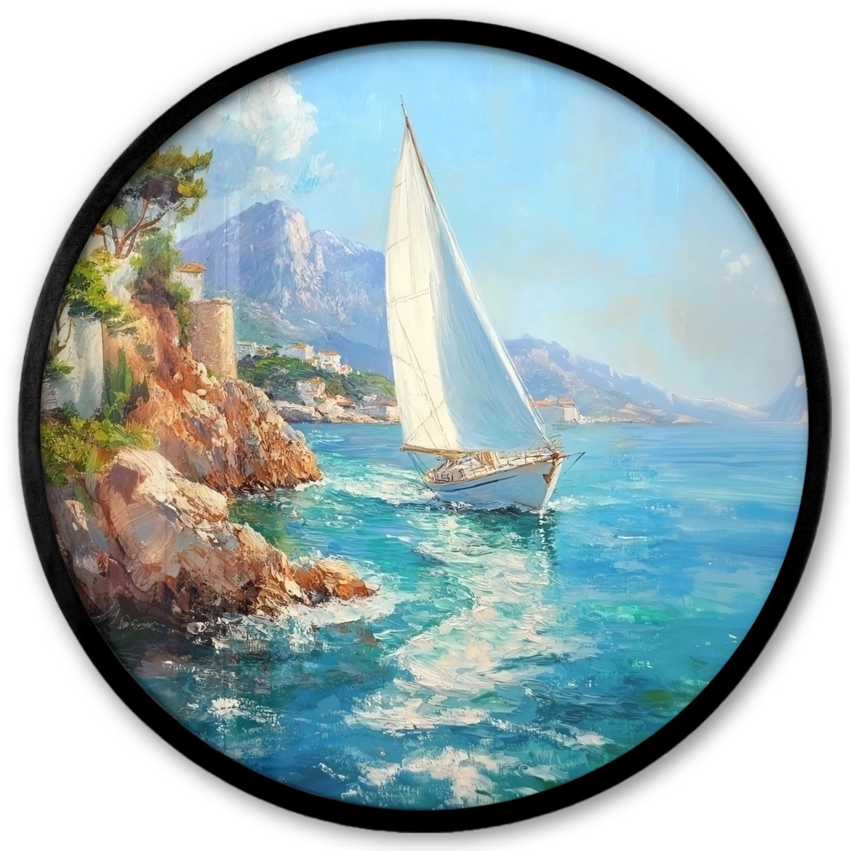 FrameYourWall Poster in lijst Rond - Fotolijst 40x40 cm - Posters - Zeilboot - Rotsen - Kust - Huizen - Ronde posterlijst zwart - Decoratie - Wanddecoratie woonkamer - Muurdecoratie slaapkamer Zeilboot - Huizen - Rotsen