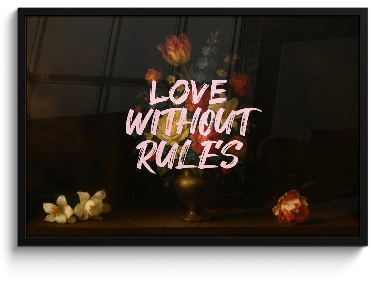 FrameYourWall Poster in lijst - Fotolijst 90x60 cm - Posters - Liefde - Modern - Bloemen - Posterlijst zwart - Decoratie - Wanddecoratie woonkamer - Muurdecoratie slaapkamer Love without rules
