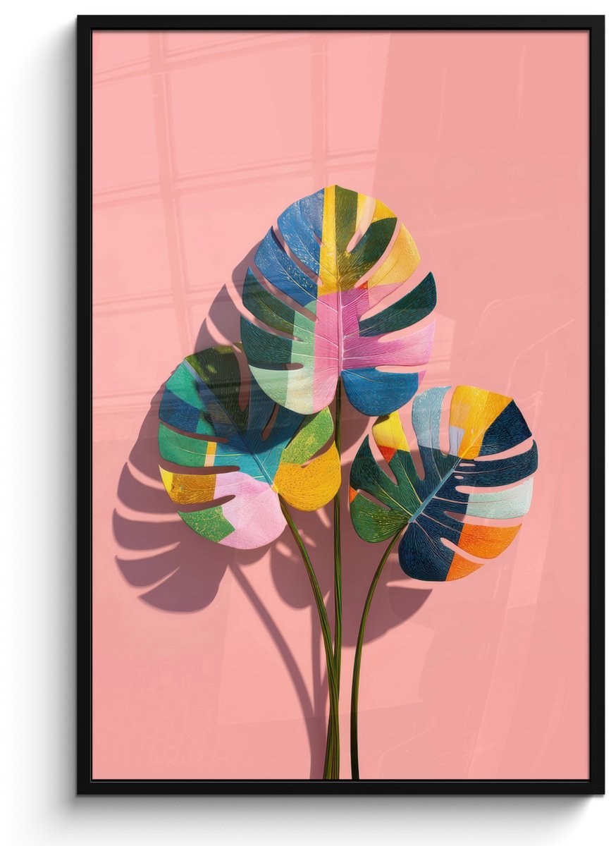 FrameYourWall Poster in lijst - Fotolijst 80x120 cm - Posters - Bladeren - Geschilderd - Vlakken - Kleurrijk - Posterlijst zwart - Decoratie - Wanddecoratie woonkamer - Muurdecoratie slaapkamer