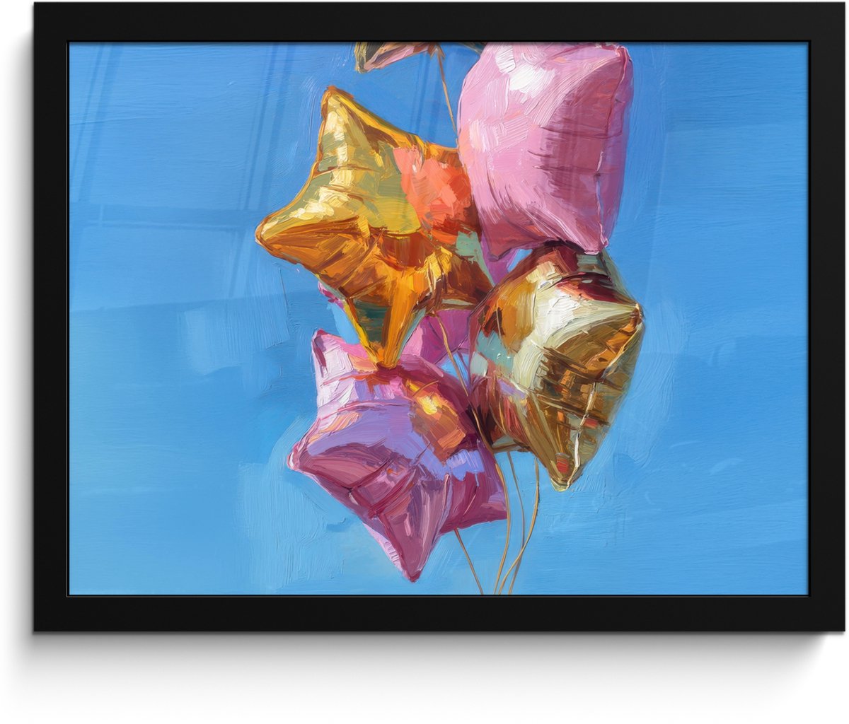 FrameYourWall Poster in lijst - Fotolijst 40x30 cm - Posters - Ballonnen - Goud - Stervorm - Roze - Posterlijst zwart - Decoratie - Wanddecoratie woonkamer - Muurdecoratie slaapkamer