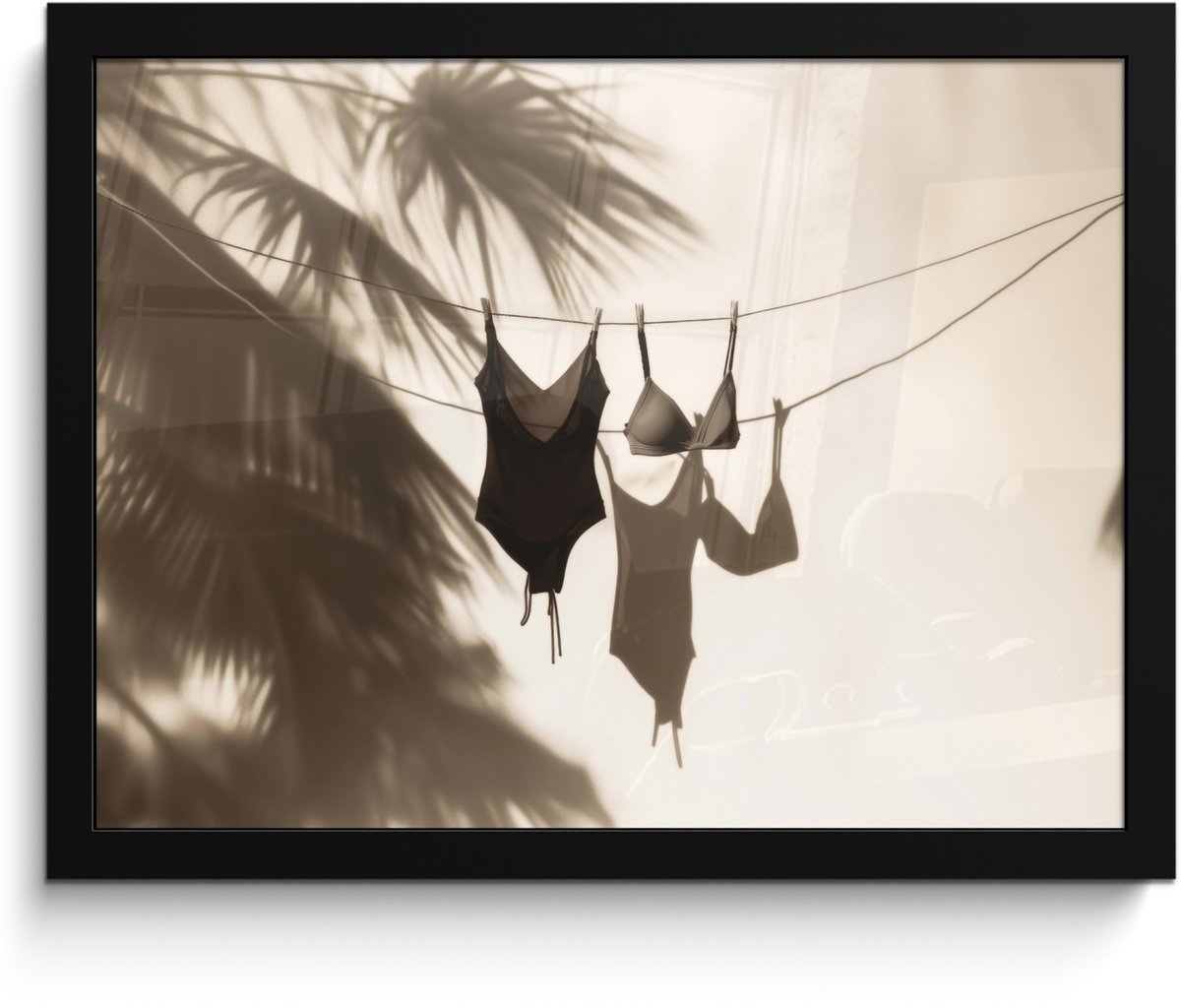 FrameYourWall Poster in lijst - Fotolijst 40x30 cm - Posters - Badkleding - Palmbomen - Schaduw - Tropisch - Posterlijst zwart - Decoratie - Wanddecoratie woonkamer - Muurdecoratie slaapkamer Badkleding - Waslijn - Tropisch