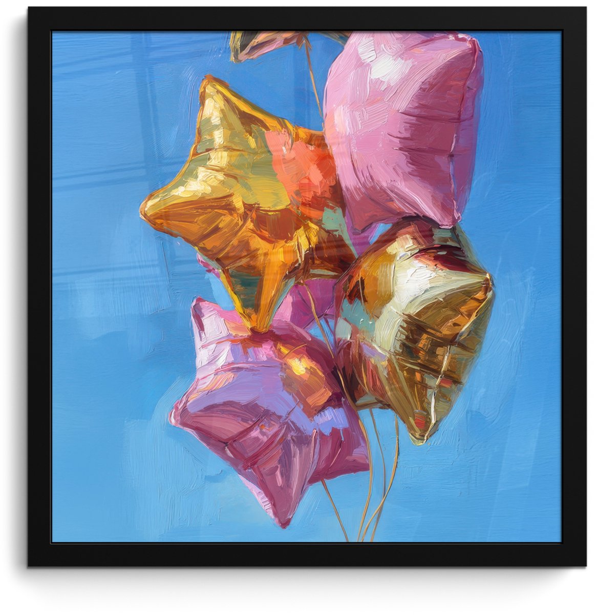 FrameYourWall Poster in lijst - Fotolijst 40x40 cm - Posters - Ballonnen - Goud - Stervorm - Roze - Posterlijst zwart - Decoratie - Wanddecoratie woonkamer - Muurdecoratie slaapkamer