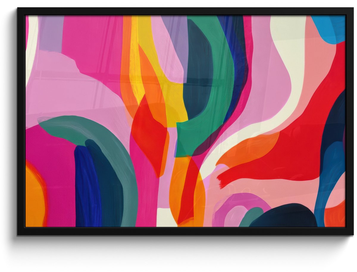 FrameYourWall Poster in lijst - Fotolijst 90x60 cm - Posters - Vormen - Golvend - Abstract - Felroze - Posterlijst zwart - Decoratie - Wanddecoratie woonkamer - Muurdecoratie slaapkamer
