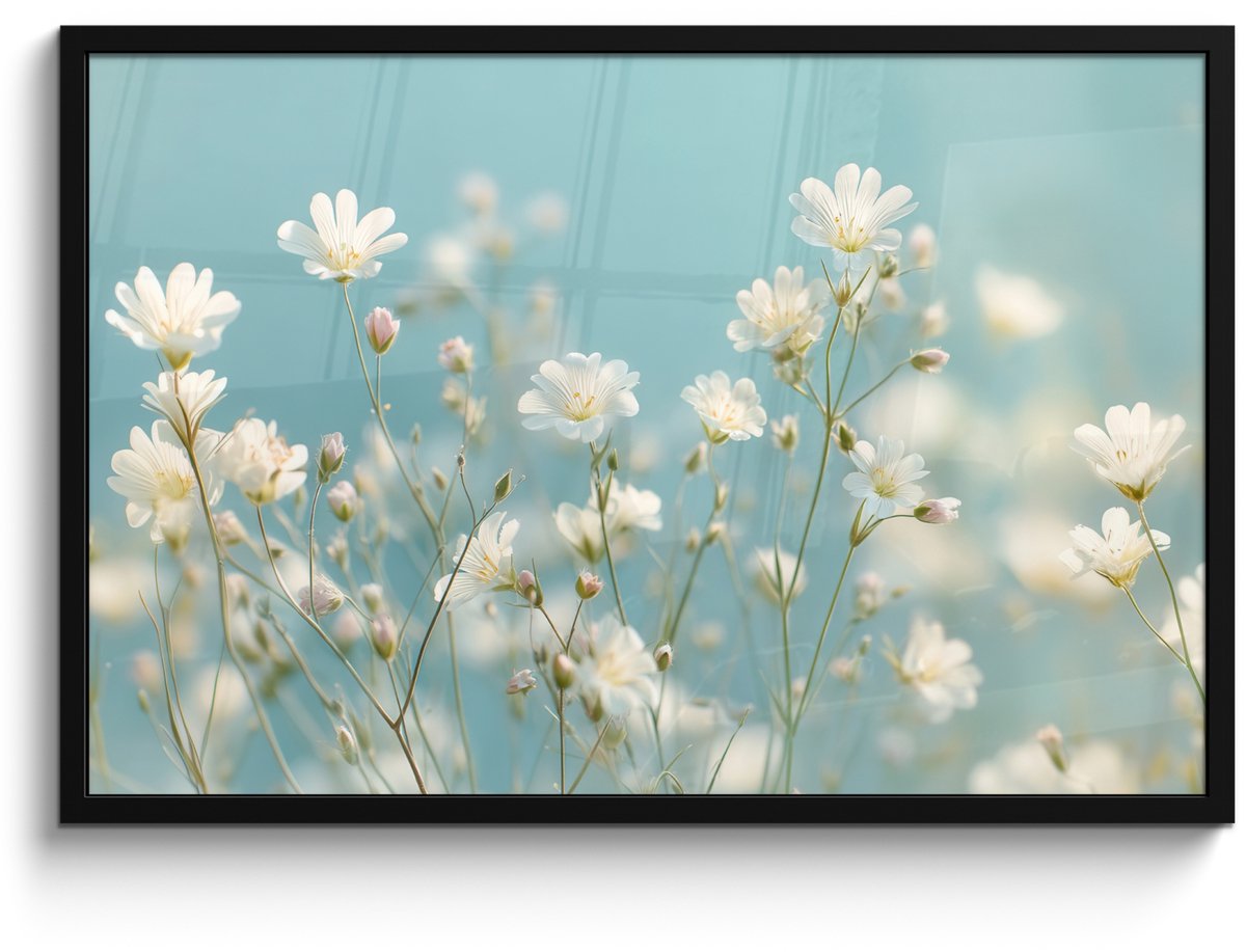 FrameYourWall Poster in lijst - Fotolijst 90x60 cm - Posters - Stengels - Bloemen - Lucht - Wit - Posterlijst zwart - Decoratie - Wanddecoratie woonkamer - Muurdecoratie slaapkamer