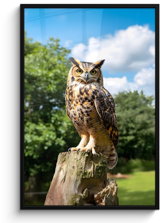 Affiche encadrée - Cadre photo 80x120 cm - Posters - Chouette - Souche d'arbre - Forêt - Ciel - Cadre poster noir - Décoration - Décoration murale salon - Décoration murale chambre