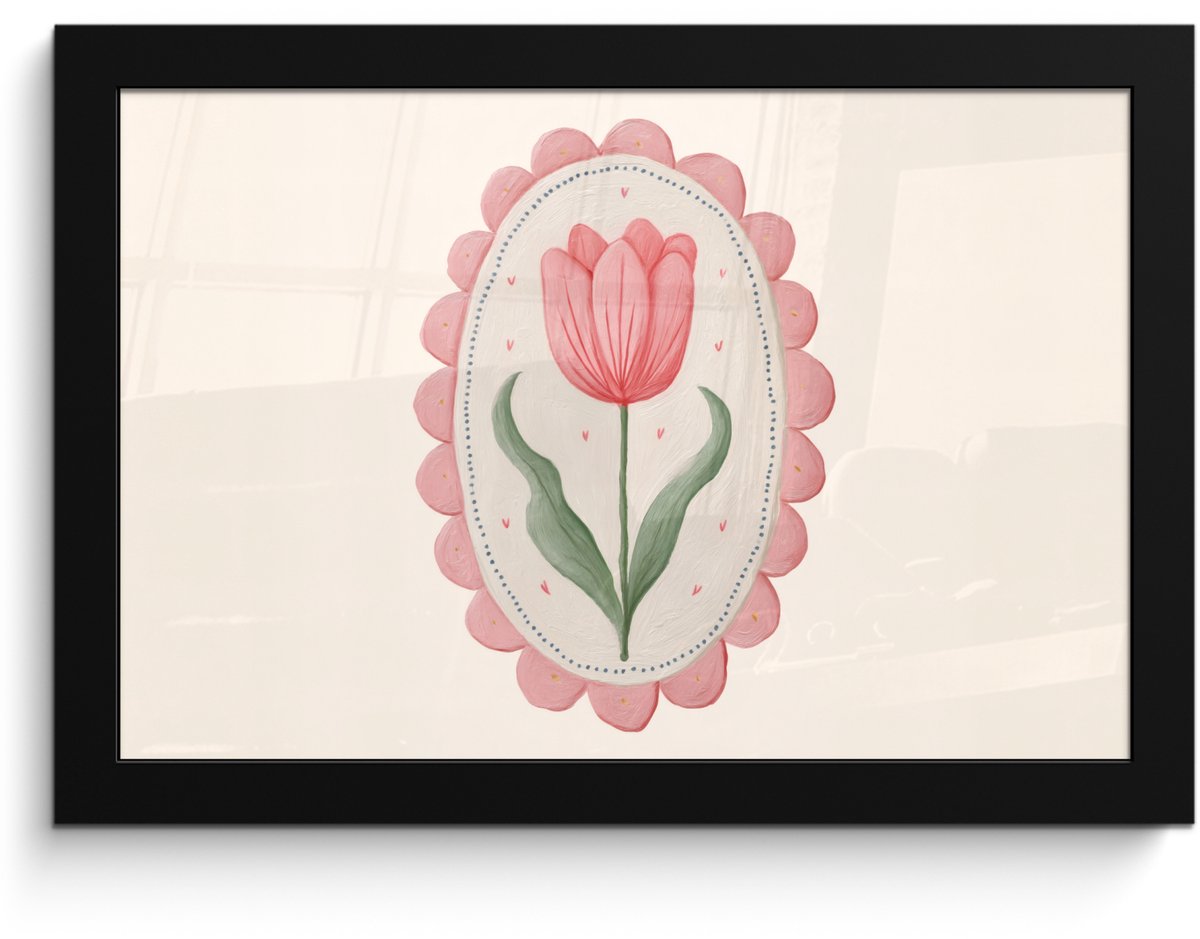 FrameYourWall Poster in lijst - Fotolijst 30x20 cm - Posters - Tulp - Lijst - Ovaal - Illustratie - Posterlijst zwart - Decoratie - Wanddecoratie woonkamer - Muurdecoratie slaapkamer Tulp - Ovaal