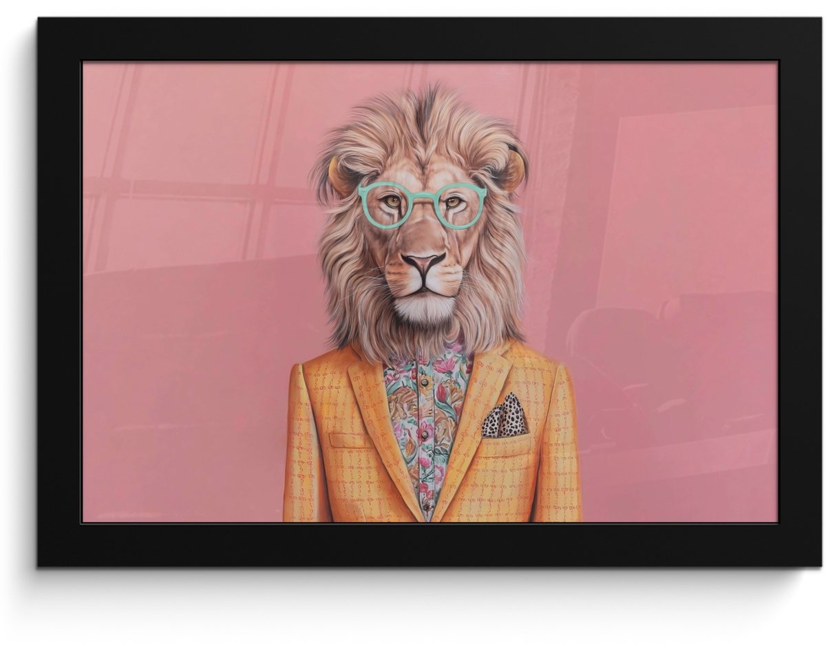 FrameYourWall Poster in lijst - Fotolijst 30x20 cm - Posters - Leeuw - Pak - Geruit - Bril - Posterlijst zwart - Decoratie - Wanddecoratie woonkamer - Muurdecoratie slaapkamer