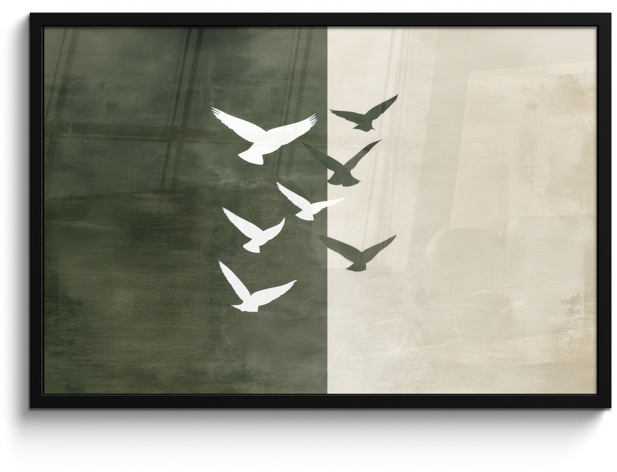 FrameYourWall Poster in lijst - Fotolijst 90x60 cm - Posters - Japandi - Vogel - Groen - Posterlijst zwart - Decoratie - Wanddecoratie woonkamer - Muurdecoratie slaapkamer