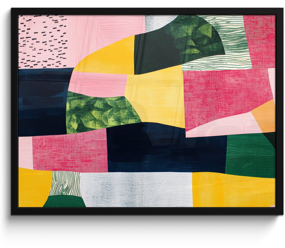 FrameYourWall Poster in lijst - Fotolijst 80x60 cm - Posters - Abstract - Roze - Lappen - Vormen - Geel - Posterlijst zwart - Decoratie - Wanddecoratie woonkamer - Muurdecoratie slaapkamer