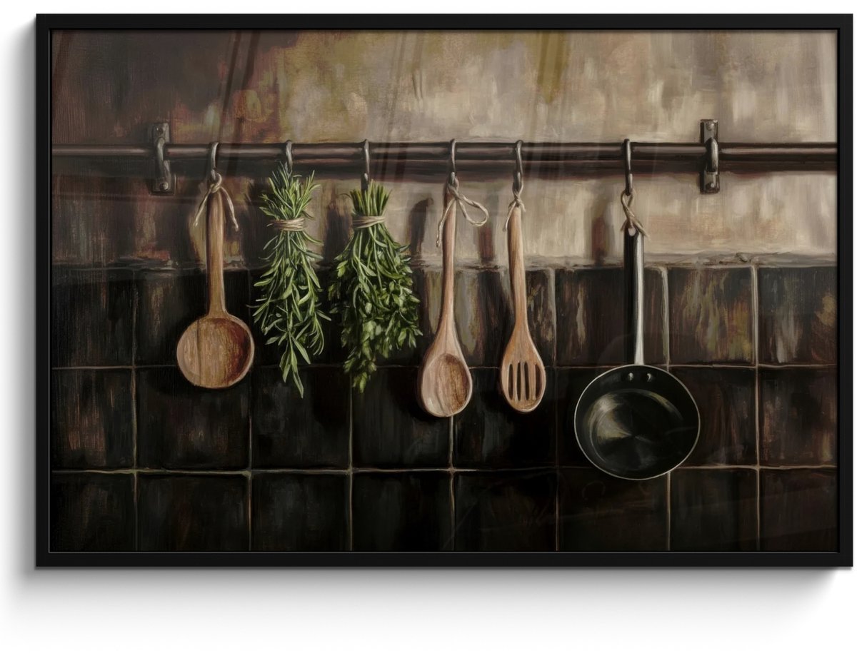 FrameYourWall Poster in lijst - Fotolijst 120x80 cm - Posters - Keukengerei - Rustiek - Tegels - Kruiden - Posterlijst zwart - Decoratie - Wanddecoratie woonkamer - Muurdecoratie slaapkamer Keukengerei - Stilleven