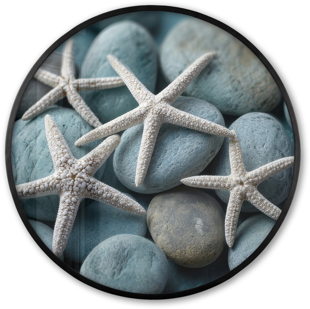 FrameYourWall Poster in lijst Rond - Fotolijst 60x60 cm - Posters - Zeesterren - Stenen - Wit - Ronde posterlijst zwart - Decoratie - Wanddecoratie woonkamer - Muurdecoratie slaapkamer
