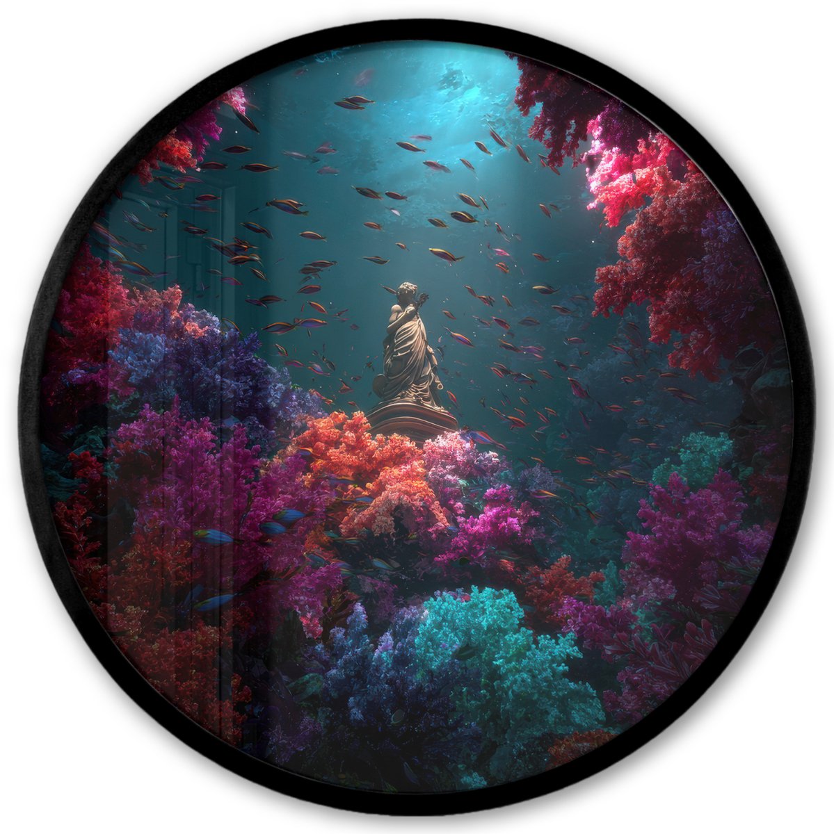 FrameYourWall Poster in lijst Rond - Fotolijst 40x40 cm - Posters - Standbeeld - Zeebodem - Koraal - Kleurrijk - Ronde posterlijst zwart - Decoratie - Wanddecoratie woonkamer - Muurdecoratie slaapkamer