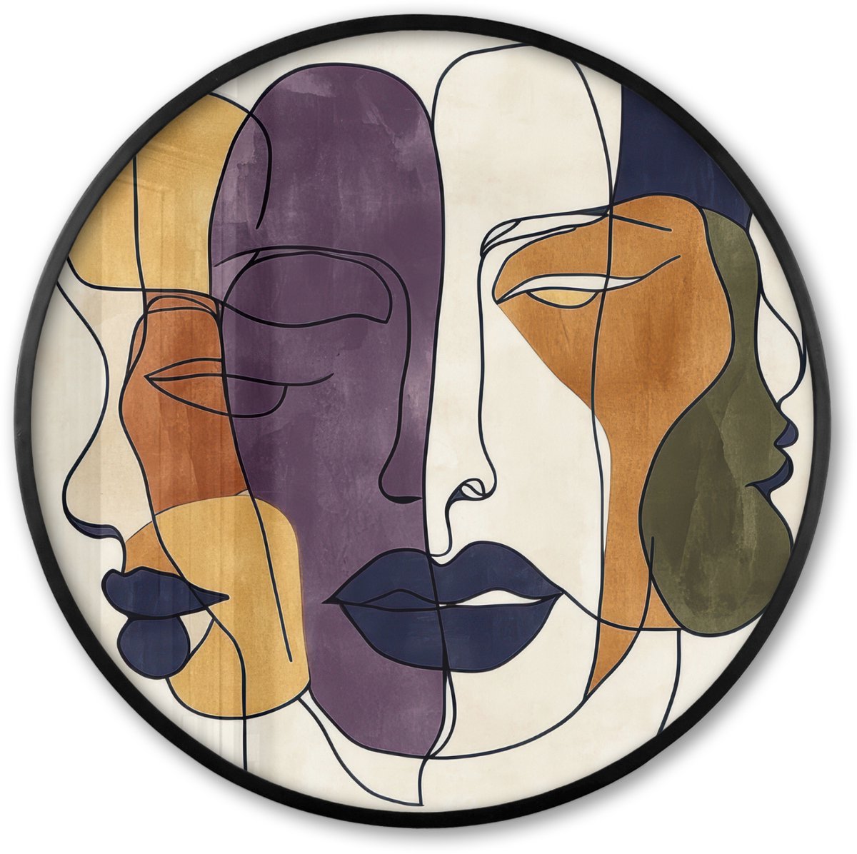 FrameYourWall Poster in lijst Rond - Fotolijst 60x60 cm - Posters - Abstract - Overlappende gezichten - Paars - Donkergroen - Ronde posterlijst zwart - Decoratie - Wanddecoratie woonkamer - Muurdecoratie slaapkamer Abstract - Gezichten