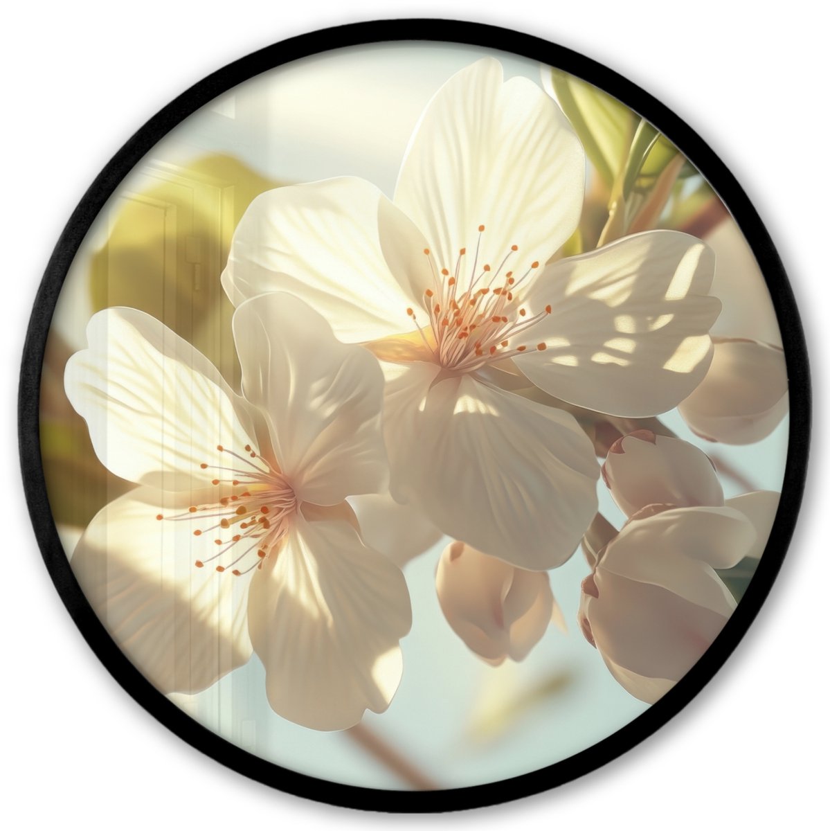 FrameYourWall Poster in lijst Rond - Fotolijst 40x40 cm - Posters - Bloesems - Wit - Zonnestralen - Bloemblaadjes - Ronde posterlijst zwart - Decoratie - Wanddecoratie woonkamer - Muurdecoratie slaapkamer