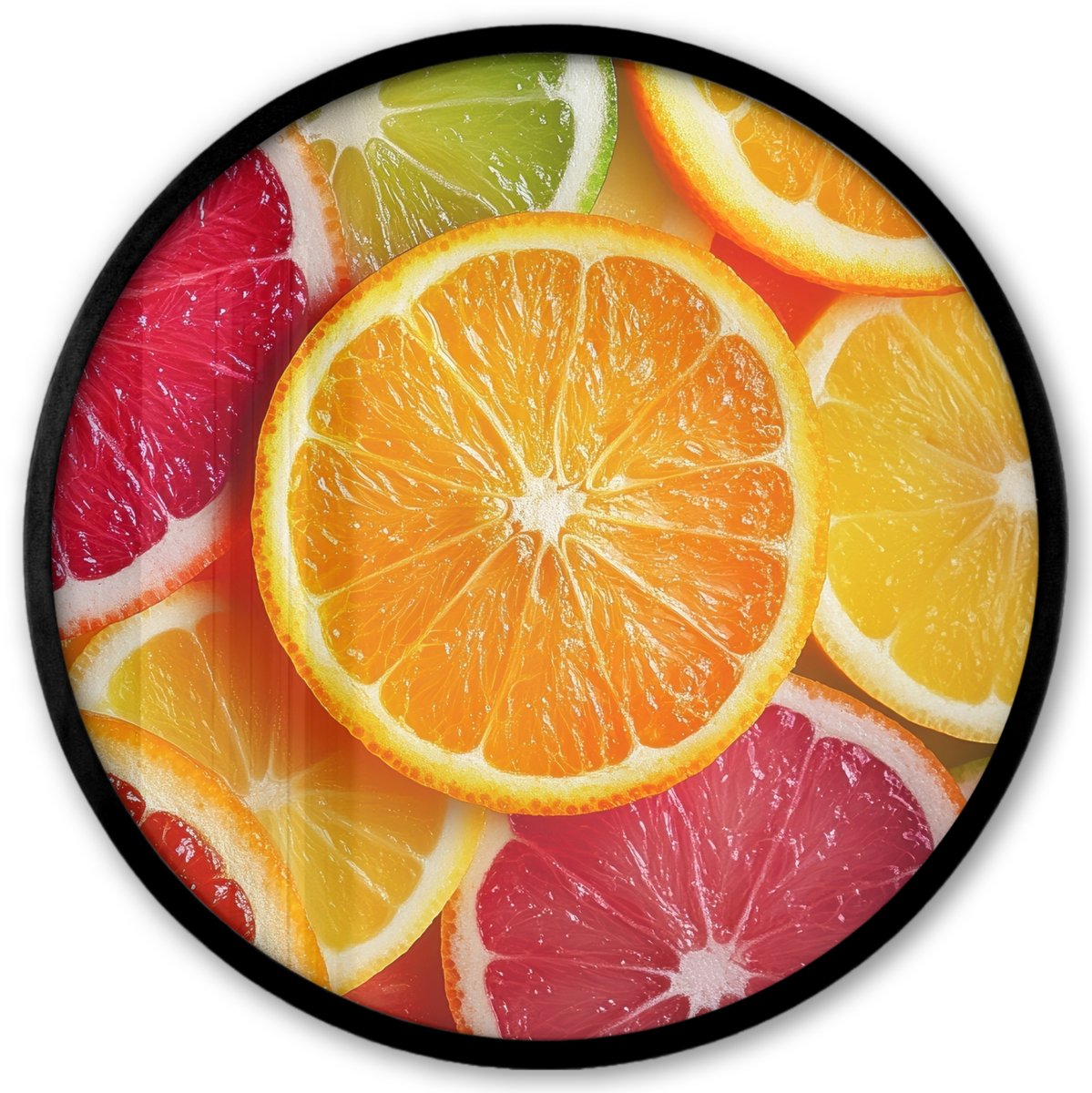FrameYourWall Poster in lijst Rond - Fotolijst 40x40 cm - Posters - Fruit - Kleurrijk - Close up - Ronde posterlijst zwart - Decoratie - Wanddecoratie woonkamer - Muurdecoratie slaapkamer Citrusvruchten - Kleurrijk