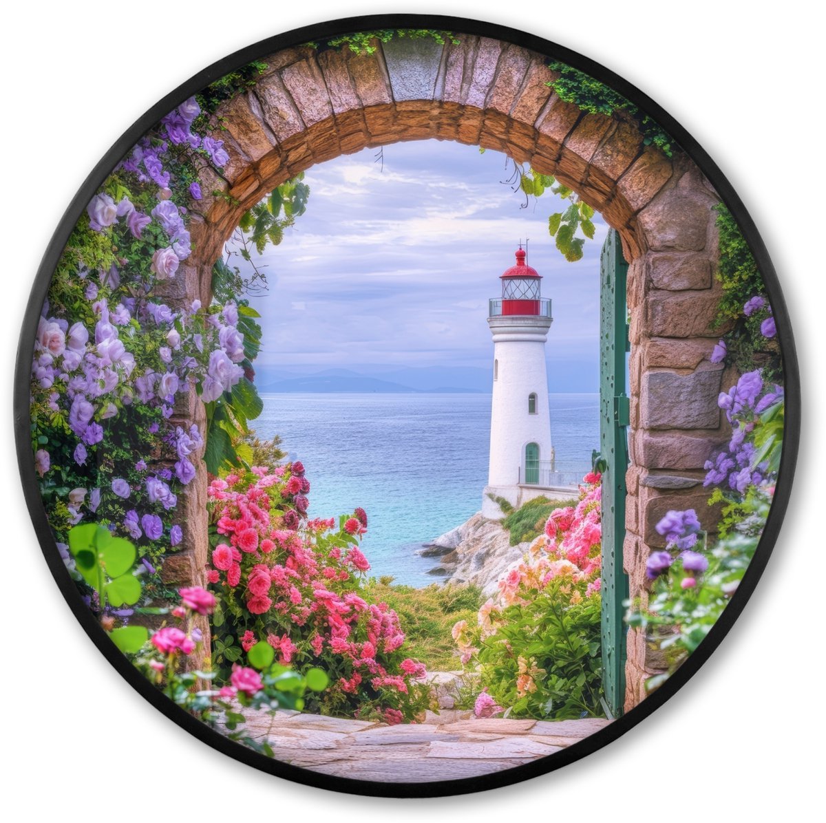 FrameYourWall Poster in lijst Rond - Fotolijst 60x60 cm - Posters - Doorkijk - Vuurtoren - Bloemen - Uitzicht - Ronde posterlijst zwart - Decoratie - Wanddecoratie woonkamer - Muurdecoratie slaapkamer Poort - Vuurtoren