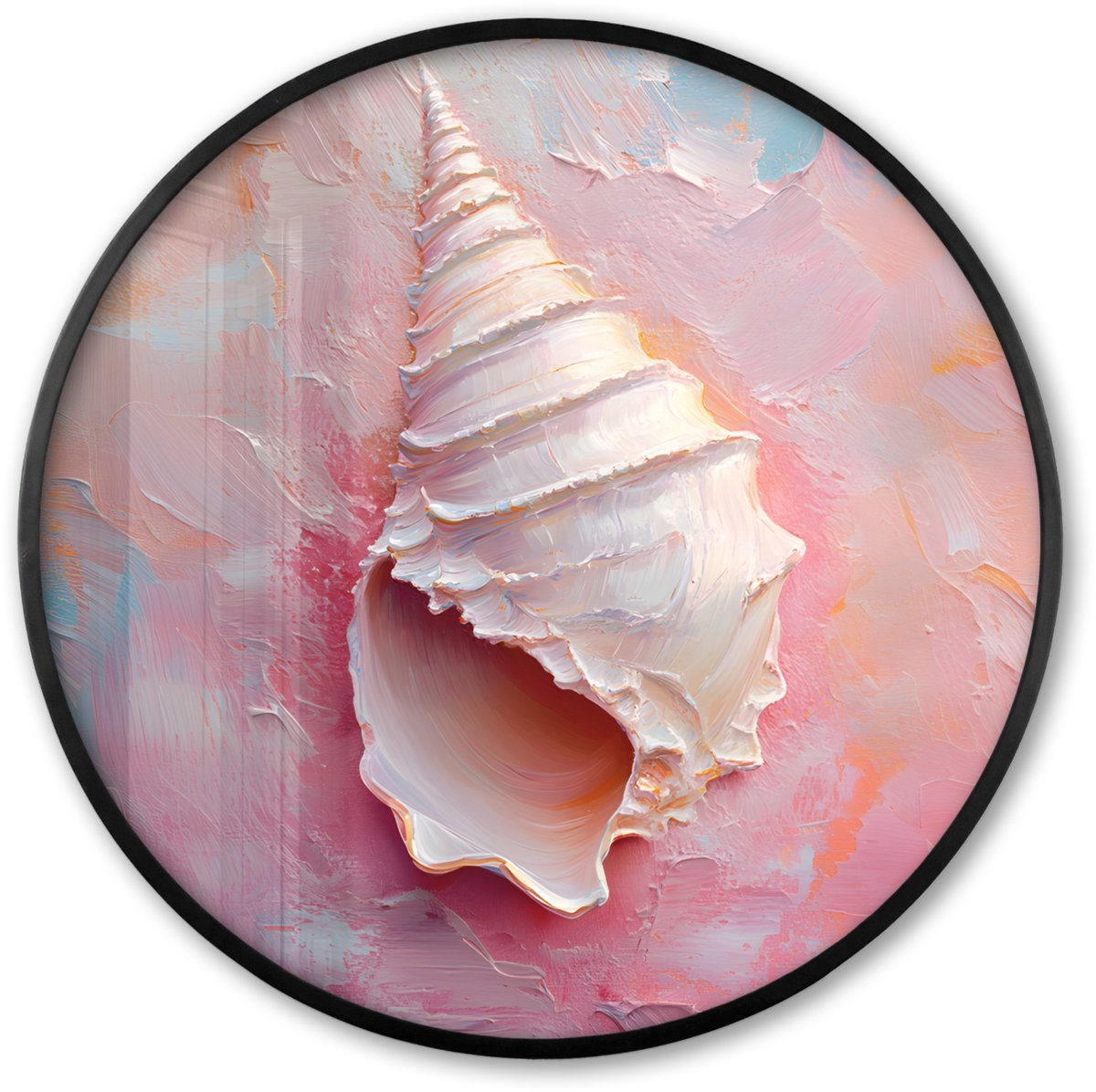 FrameYourWall Poster in lijst Rond - Fotolijst 80x80 cm - Posters - Schelp - Pastel - Pink - Ronde posterlijst zwart - Decoratie - Wanddecoratie woonkamer - Muurdecoratie slaapkamer