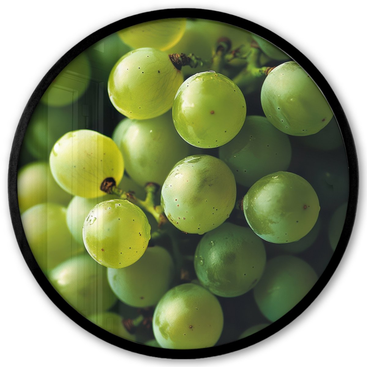 FrameYourWall Poster in lijst Rond - Fotolijst 40x40 cm - Posters - Druiven - Tros - Groen - Ronde posterlijst zwart - Decoratie - Wanddecoratie woonkamer - Muurdecoratie slaapkamer