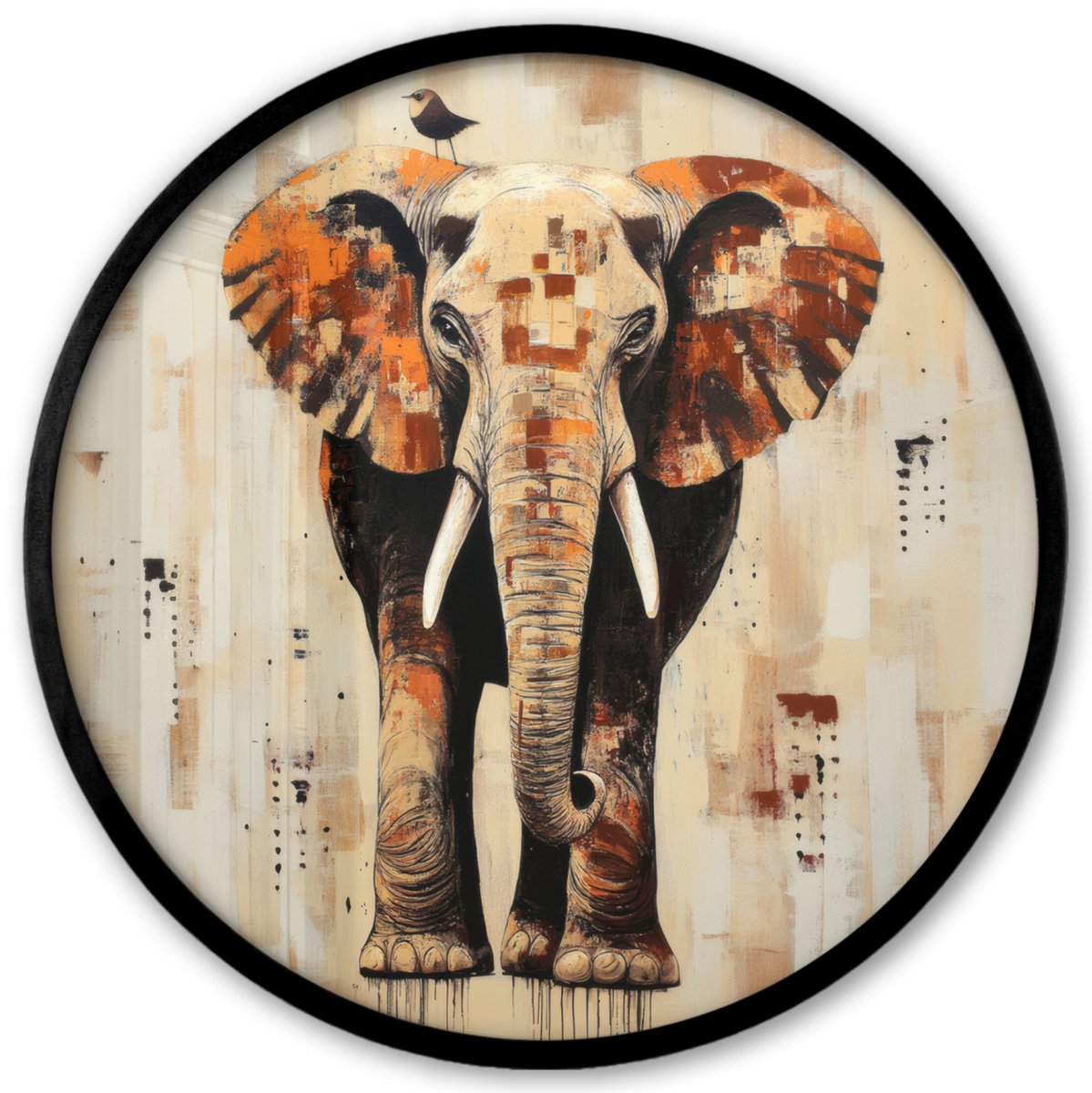 FrameYourWall Poster in lijst Rond - Fotolijst 40x40 cm - Posters - Olifant - Slurf - Mozaïek - Abstract - Ronde posterlijst zwart - Decoratie - Wanddecoratie woonkamer - Muurdecoratie slaapkamer