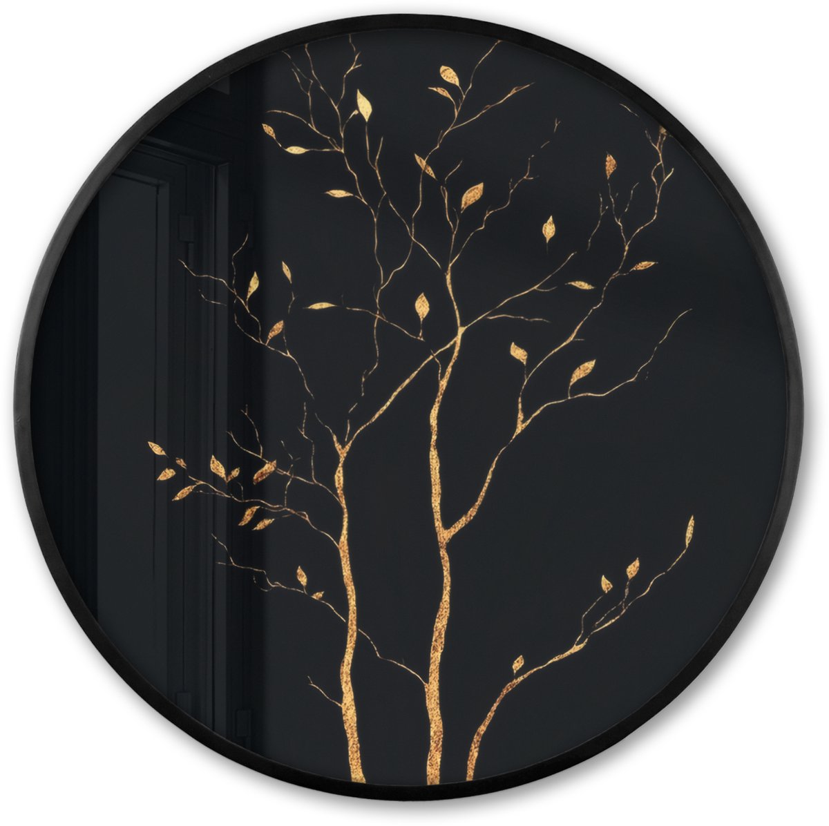 FrameYourWall Poster in lijst Rond - Fotolijst 80x80 cm - Posters - Takken - Blaadjes - Zwart - Ronde posterlijst zwart - Decoratie - Wanddecoratie woonkamer - Muurdecoratie slaapkamer
