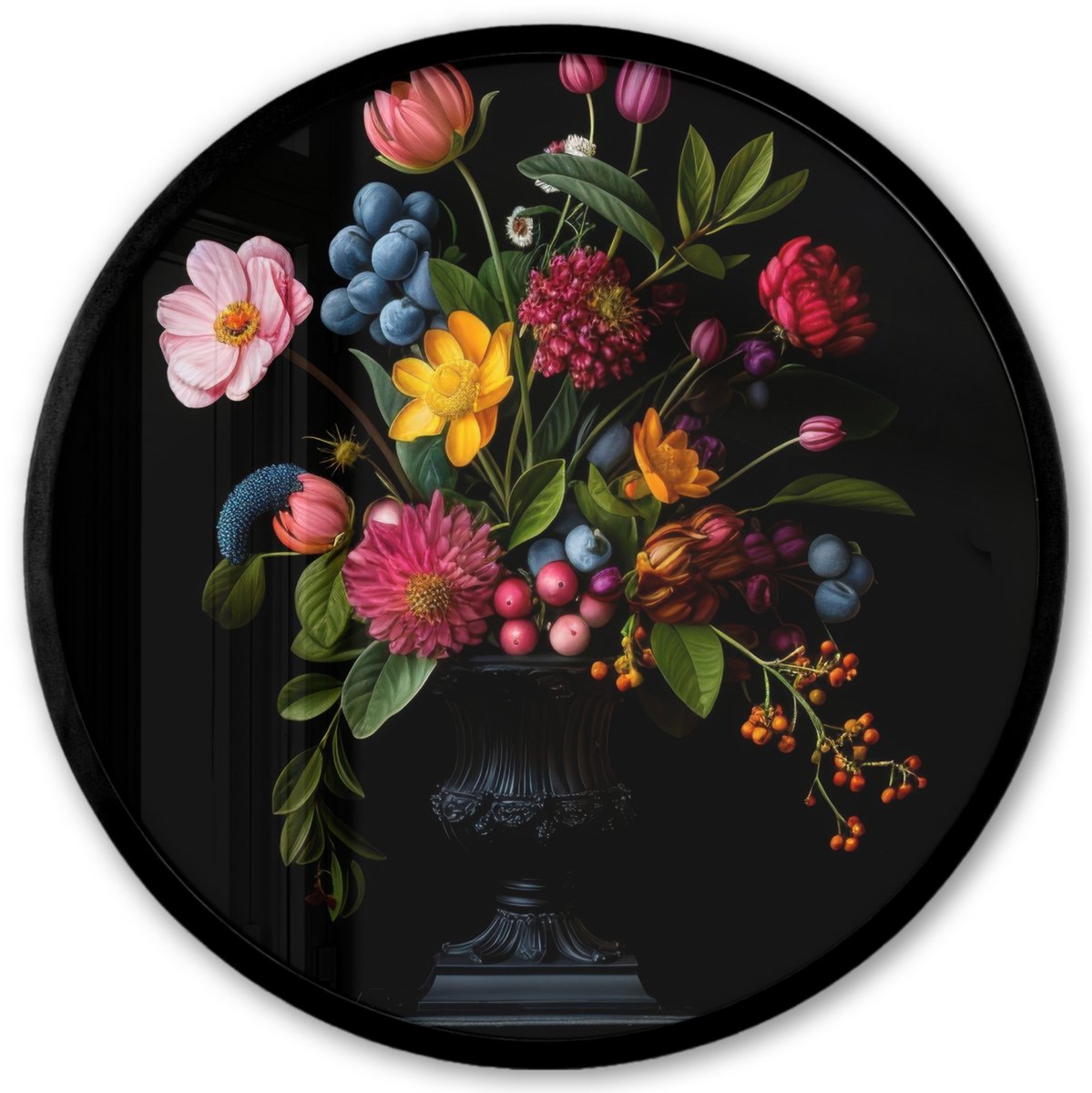 FrameYourWall Poster in lijst Rond - Fotolijst 40x40 cm - Posters - Bloemen - Vrolijk - Vaas - Ronde posterlijst zwart - Decoratie - Wanddecoratie woonkamer - Muurdecoratie slaapkamer Boeket - Bloemen 2