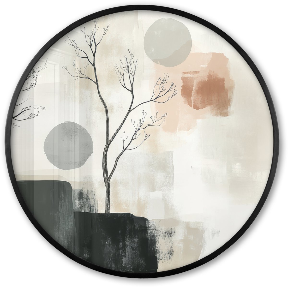 FrameYourWall Poster in lijst Rond - Fotolijst 80x80 cm - Posters - Wabi sabi - Beige - Plant - Ronde posterlijst zwart - Decoratie - Wanddecoratie woonkamer - Muurdecoratie slaapkamer Japandi - Natuur