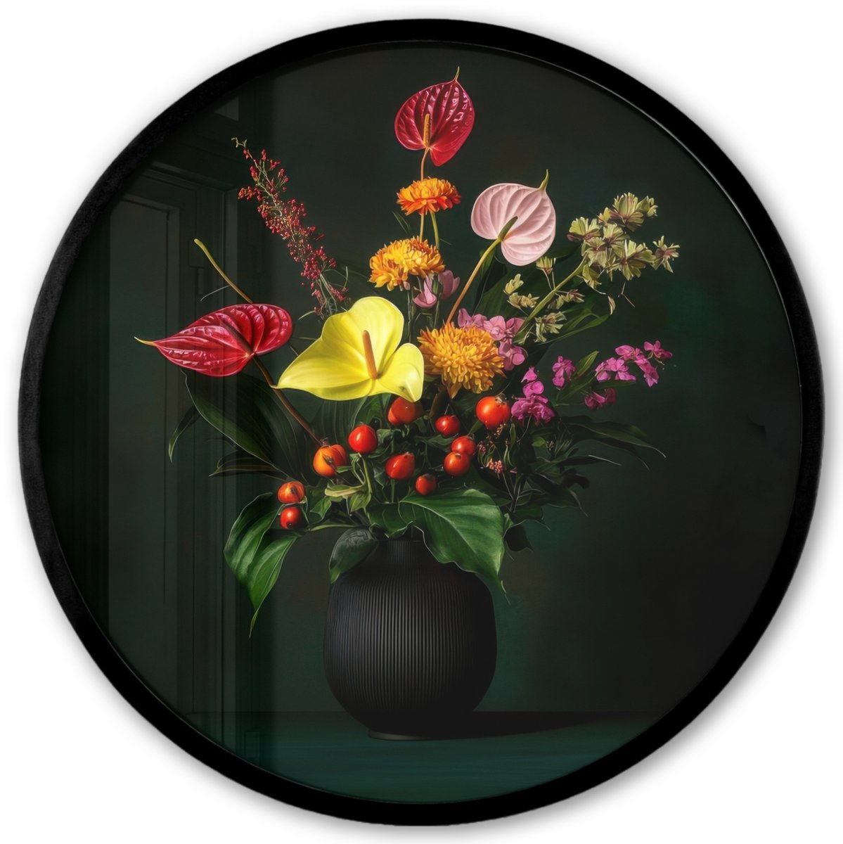 FrameYourWall Poster in lijst Rond - Fotolijst 40x40 cm - Posters - Bloemen - Vaas - Zwart - Ronde posterlijst zwart - Decoratie - Wanddecoratie woonkamer - Muurdecoratie slaapkamer Boeket - Bloemen 2