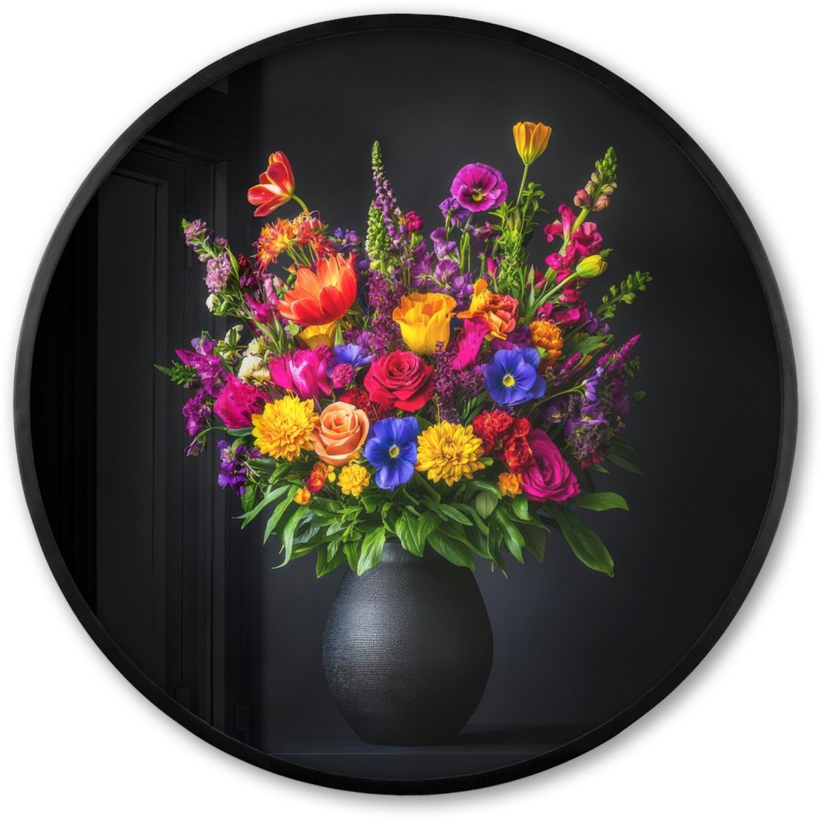 FrameYourWall Poster in lijst Rond - Fotolijst 80x80 cm - Posters - Felgekleurd - Bloemen - Vaas - Ronde posterlijst zwart - Decoratie - Wanddecoratie woonkamer - Muurdecoratie slaapkamer Boeket - Bloemen 3