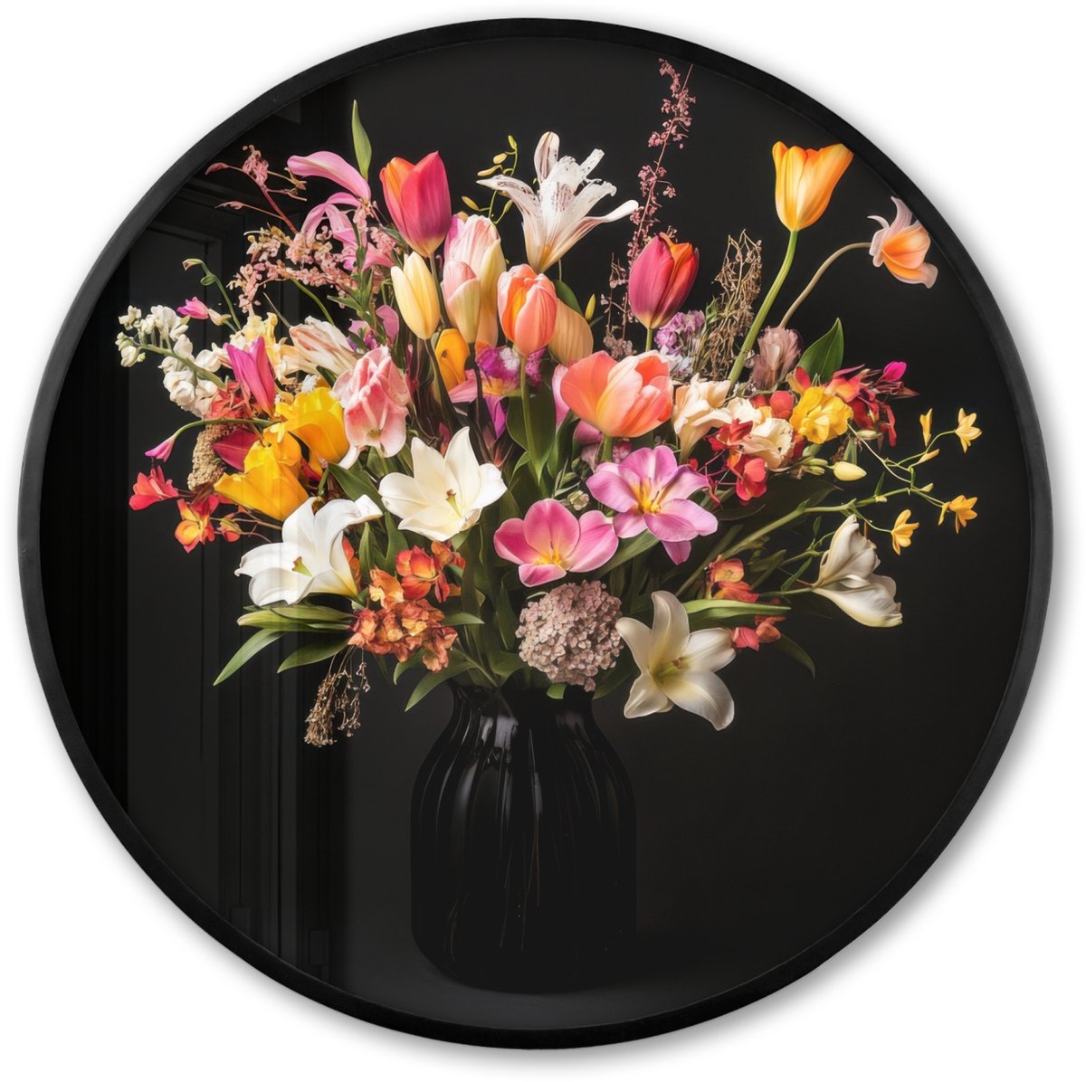 FrameYourWall Poster in lijst Rond - Fotolijst 80x80 cm - Posters - Vaas - Bloemen - Tulpen - Ronde posterlijst zwart - Decoratie - Wanddecoratie woonkamer - Muurdecoratie slaapkamer Boeket - Bloemen 4