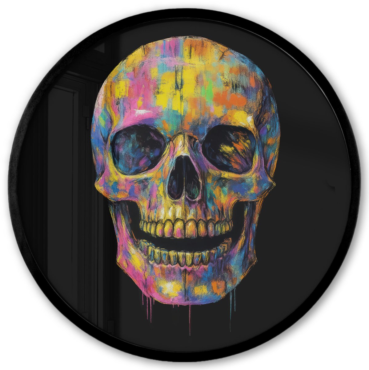FrameYourWall Poster in lijst Rond - Fotolijst 40x40 cm - Posters - Penseelstreken - Schedel - Kleurrijk - Abstract - Ronde posterlijst zwart - Decoratie - Wanddecoratie woonkamer - Muurdecoratie slaapkamer Schedel - Penseelstreken
