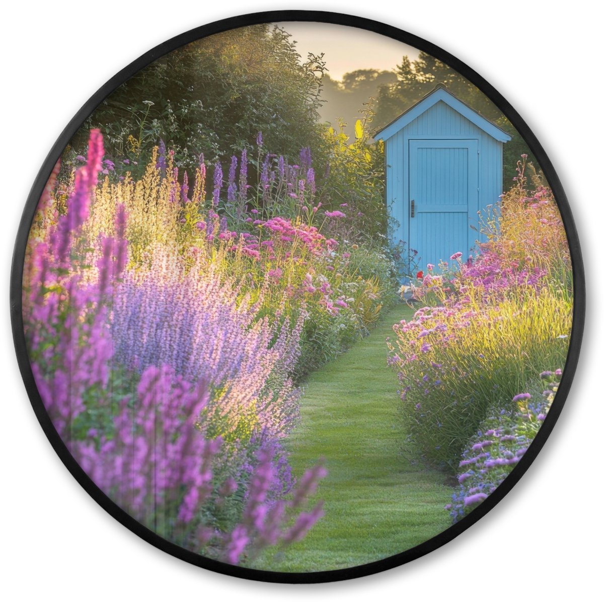 FrameYourWall Poster in lijst Rond - Fotolijst 60x60 cm - Posters - Tuinhuisje - Blauw - Bloemen - Ronde posterlijst zwart - Decoratie - Wanddecoratie woonkamer - Muurdecoratie slaapkamer Lavendel - Tuin