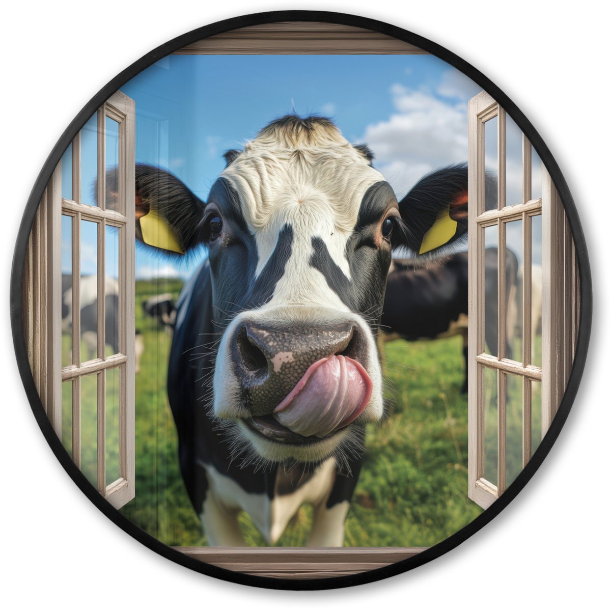 FrameYourWall Poster in lijst Rond - Fotolijst 60x60 cm - Posters - Doorkijk - Koe - Weiland - Dieren - Natuur - Ronde posterlijst zwart - Decoratie - Wanddecoratie woonkamer - Muurdecoratie slaapkamer