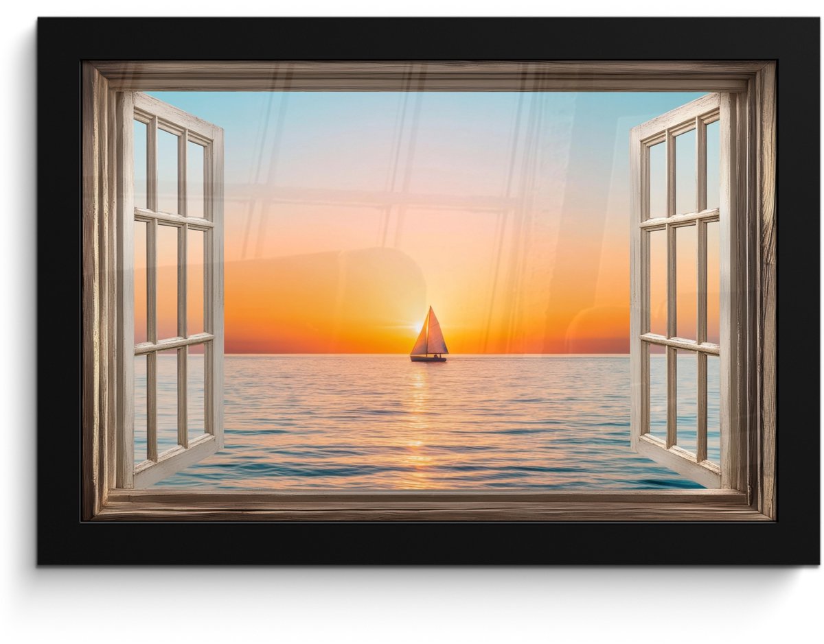 FrameYourWall Poster in lijst - Fotolijst 30x20 cm - Posters - Doorkijk - Zee - Boot - Zonsondergang - Posterlijst zwart - Decoratie - Wanddecoratie woonkamer - Muurdecoratie slaapkamer Zonsondergang - Boot