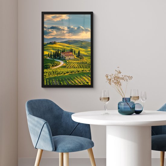 Poster in lijst - Fotolijst 40x60 cm - Posters - Toscane - Landschap - Wijngaarden - Posterlijst zwart - Decoratie - Wanddecoratie woonkamer - Muurdecoratie slaapkamer