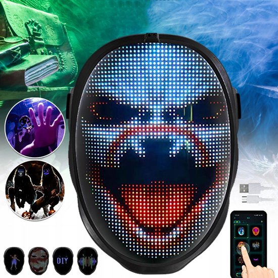 LED-gezichtsveranderend masker - Ondersteunt gebarenverandering - Lichteffecten - Bluetooth-functie - Bewerkbaar via app - Geschikt voor Halloween, themafeesten, gemaskerde bals