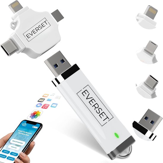 4 in 1 USB Stick 256 GB – Universeel voor iPhone, Android, Samsung, Laptop & iPad – 4-in-1 USB-C/Micro USB/Lightning/USB-A – USB 3.0 Snelheid