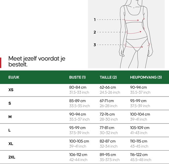 Maattabel met grafische weergave van vrouwelijke lichaamsmaten en maten in EU/UK, cm en inch.