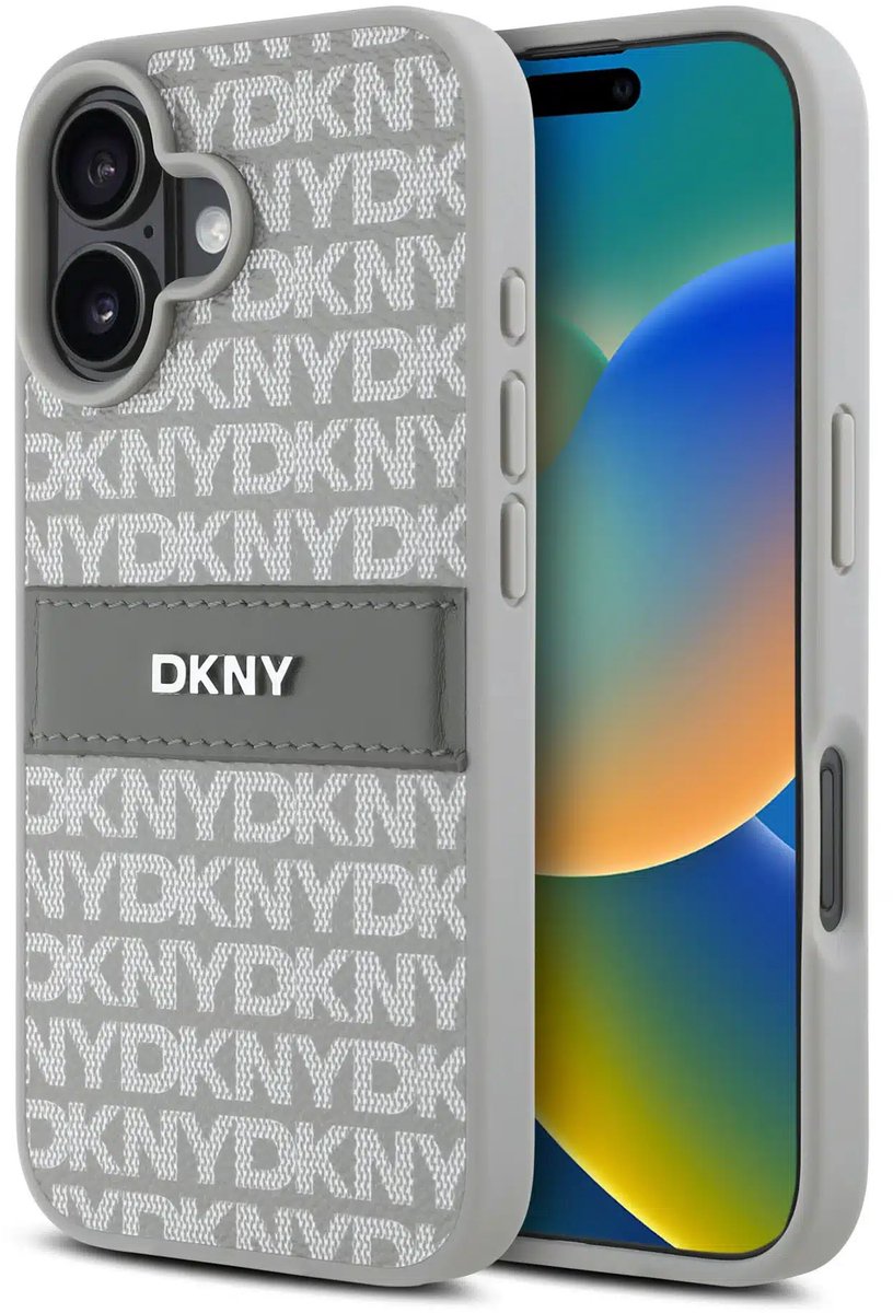 DKNY - Backcover iPhone 16 - PU Leather Repeat Pattern Tonal Stripe - Beige