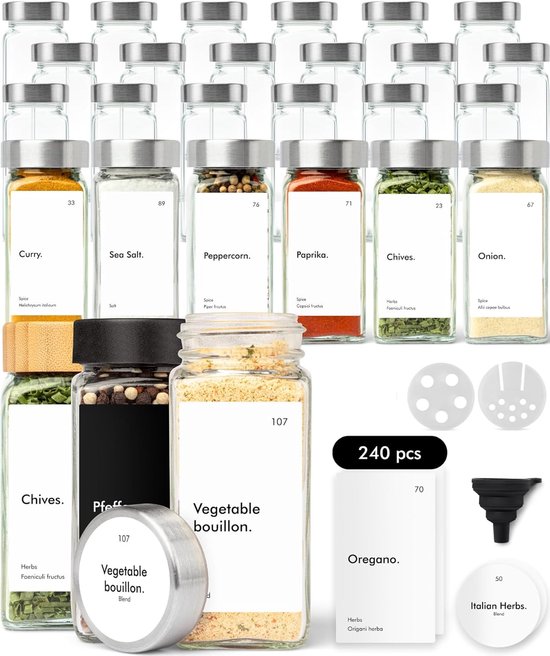 Happy Lemuro Kruidenpotjes, vierkant, 120 ml, set van 6, kruidenpotjes met strooiinzet, metalen deksels, etiketten in zwart, kruidenpotjes, kruidenopslag, kruidenorganizer