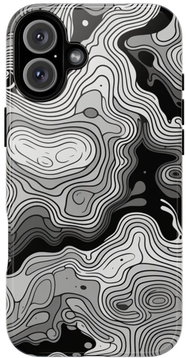 Monochroom Topografisch Patroon – Telefoonhoesje Geschikt voor iPhone 16 Plus