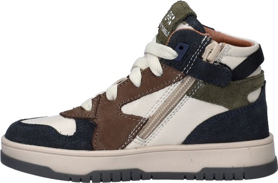 Basket montante Bunnies JR en cuir marron, beige et marine avec fermeture éclair et lacets.