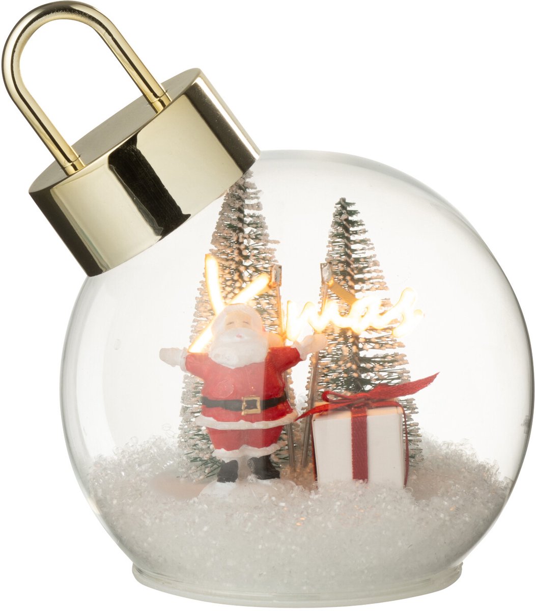 J-Line kerstbal Kerstman - glas - wit/rood - small - LED lichtjes Wit - Rood