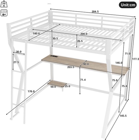 Hoogslaper, 140 x 200 cm, met led- en USB-stopcontact, kinderbed, hoogslaper met bureau en meerdere planken, tienerbed, tweepersoonsbed met ladder en leuning, kinderbed, zwart (zonder matras Hoogslaper, 140 x 200 cm, met led- en USB-stopcontact, kinderbed, hoogslaper met bureau en meerdere planken, tienerbed, tweepersoonsbed met ladder en leuning, kinderbed, zwart (zonder matras