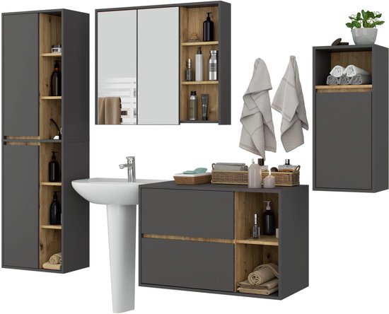 Badkamermeubelset VAMI 4-delige / hangende Badkamerkasten / 21 Planken en 2 Lades / Grafietgrijs - Artisan Eik / AKORD Furniture Factory