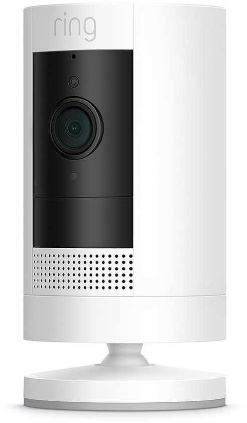 Witte Ring Stick Up Cam met zwarte voorzijde en lens.