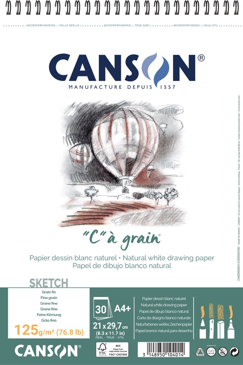 Canson schetsblok met spiraal 'C' op grein, A3, 125 g/m