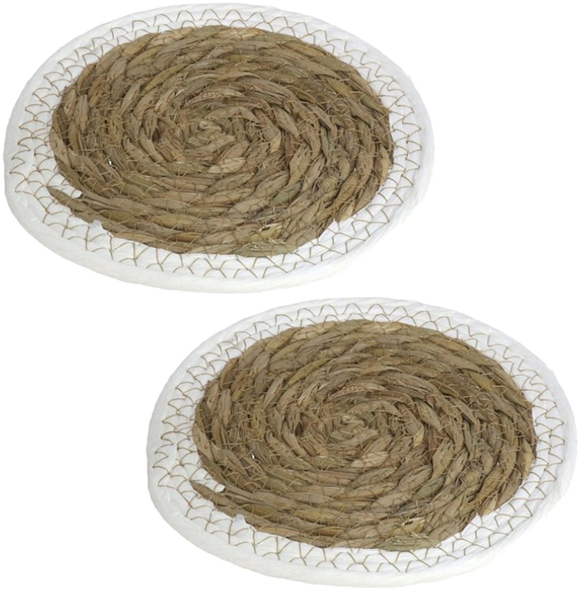 Pannenonderzetter - Set van 4x stuks - zeegras - rond - 20x20 cm - naturel/wit - stevig - decoratief