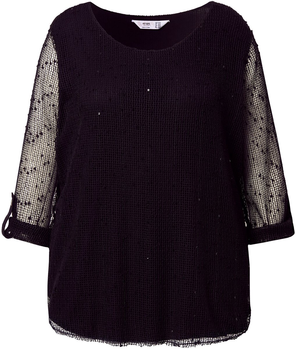 Angel of Style - Dames - Blouse Regular Fit dubbellaags netstof met pailletten - Zwart - Maat 42+