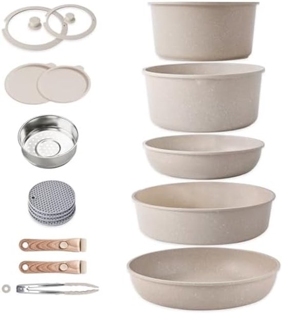 Batterie de cuisine à induction 15 pièces avec poignées amovibles, revêtement antiadhésif en granit, conception empilable, convient à toutes les sources de chaleur, y compris le four, ensemble de cuisine peu encombrant sans PFOA