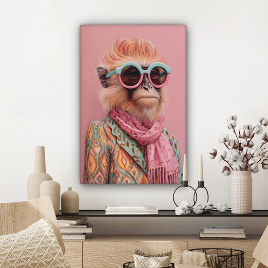 Tableau sur toile 60x90 cm - Décoration murale Foulard - Singe - Lunettes de soleil - Veste - Décoration murale salon - Décoration chambre - Accessoires chambre - Peintures sur toile
